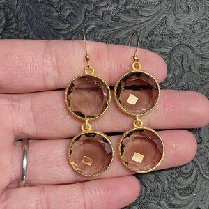Faceted Round Smoky Quartz and Gold Tone Earrings